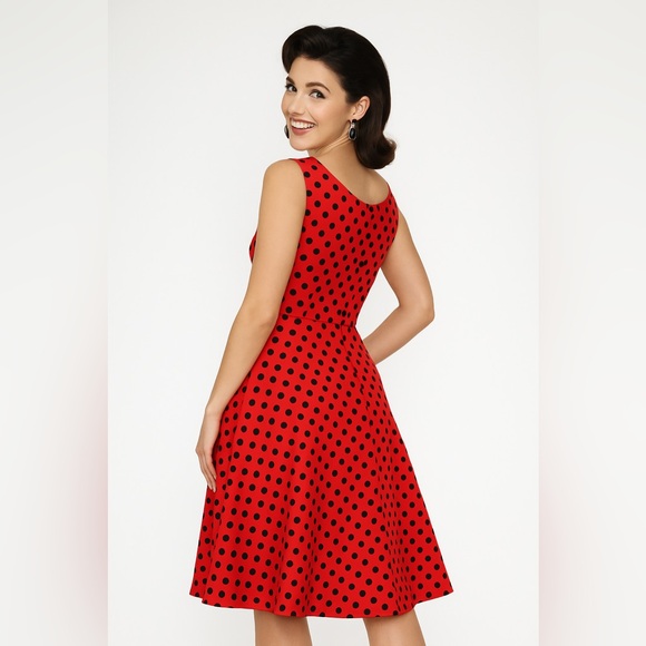 Unique Vintage Orchid Bloom 1950s Red & Black Polka Dot Fit & Flare Swing Dress - Picture 7 of 16